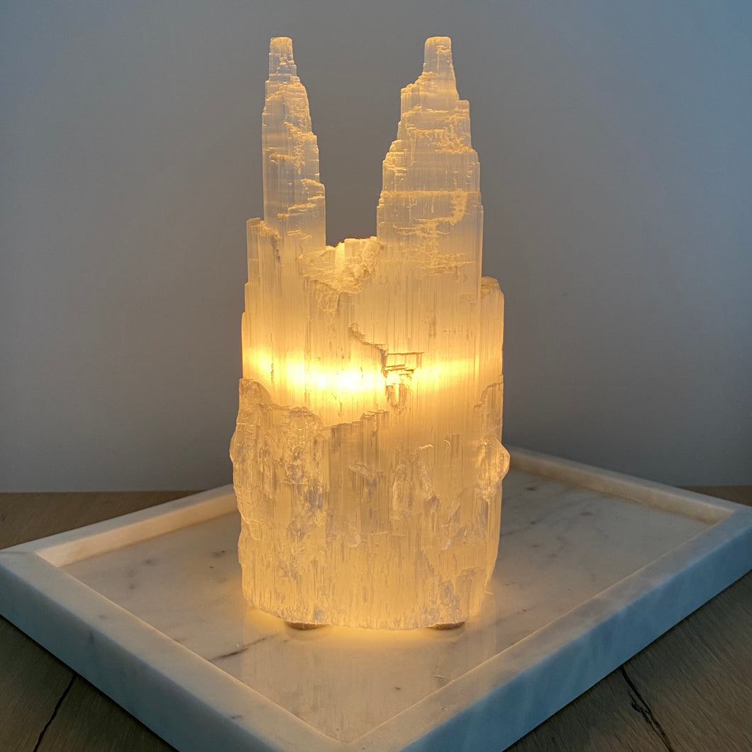 Selenite Twin Peak Lamp